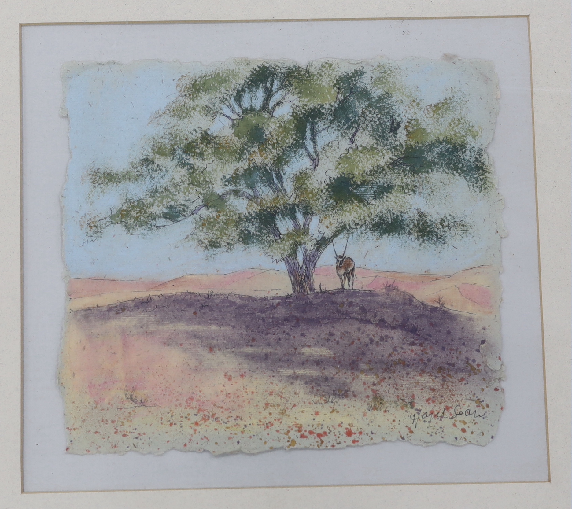 Hazel Soan, watercolour and pastel, African landscapes, 21 x 22cm, framed as one